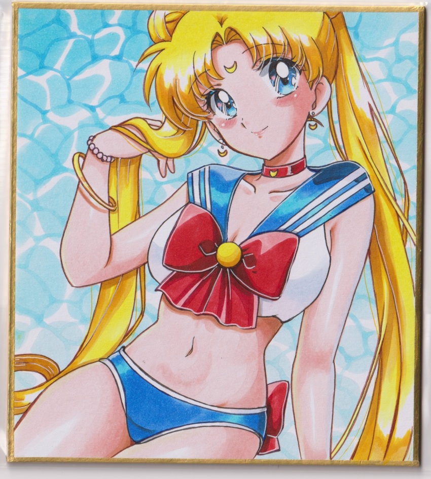 1girl, adapted_costume, bead_bracelet, beads, bishoujo_senshi_sailor_moon, blonde_hair, blue_eyes, blue_sailor_collar, bow, bowtie, bra, bracelet, breasts, chikoto_(kztc4472), choker, cleavage, collarbone, crescent, crescent_earrings, crescent_facial_mark, earrings, facial_mark, gold_bracelet, highres, jewelry, long_hair, looking_at_viewer, midriff, navel, panties, photo_(medium), red_bow, red_bowtie, red_choker, sailor_collar, sailor_moon, sailor_moon_narikiri_bra_set, sailor_senshi_uniform, smile, solo, traditional_media, transformation_brooch_(sailor_moon), tsukino_usagi, underwear, underwear_only, unofficial_sailor_senshi_uniform