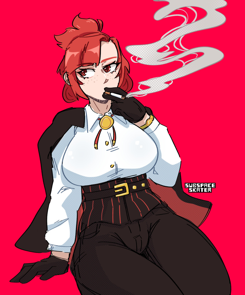 1girl, absurdres, alt_text, artist_name, belt, black_gloves, black_pants, bolo_tie, breasts, cigarette, commentary, english_commentary, evangeline_morgan, freckles, gloves, highres, holding, holding_cigarette, jacket, jacket_on_shoulders, large_breasts, medium_hair, of_the_devil, pants, red_background, red_eyes, red_hair, shirt, simple_background, smoking, solo, subspaceskater, swept_bangs, watch, white_shirt, wristwatch