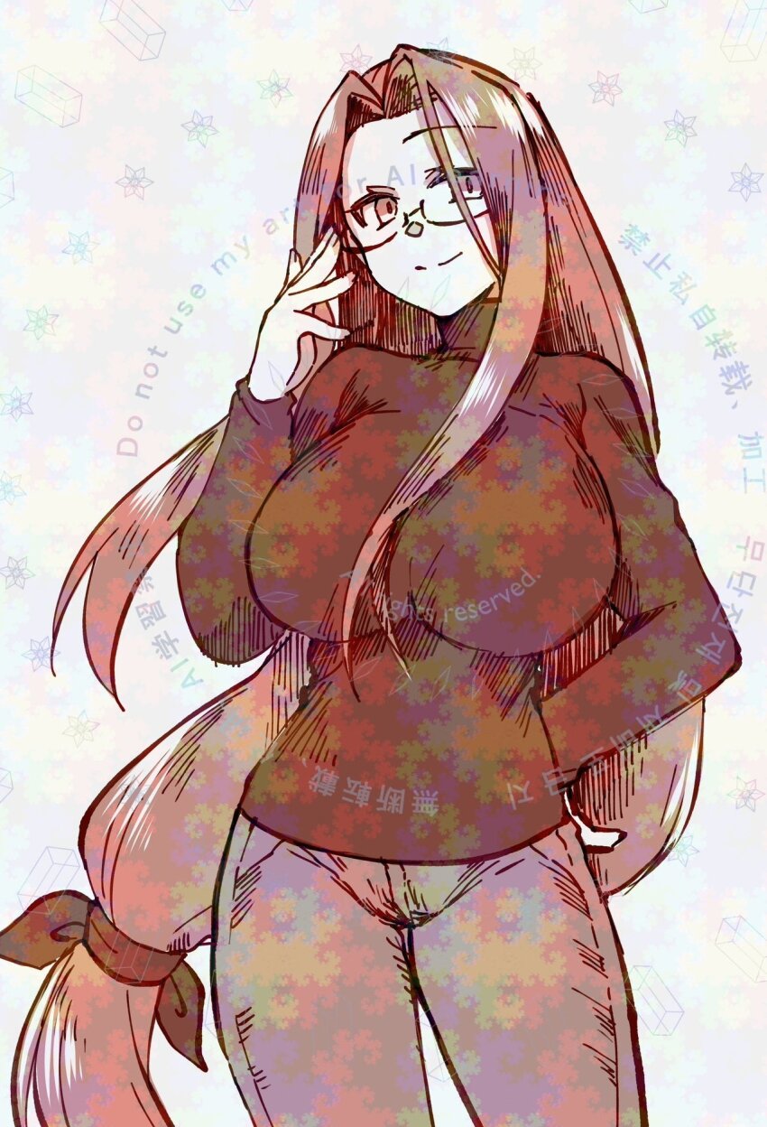 1girl, 2323astronomy, adversarial_noise, breasts, cowboy_shot, denim, fate/hollow_ataraxia, fate/stay_night