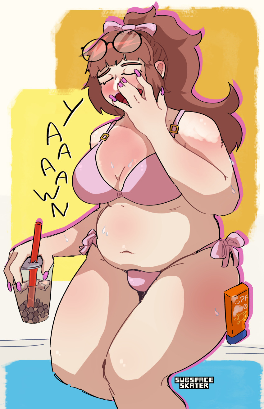 1girl, absurdres, artist_name, bikini, bow, breasts, brown_hair, bubble_tea, cup, disposable_cup, drinking_straw, emma_rockford, eyewear_on_head, glasses, hair_bow, highres, holding, holding_cup, lotion, medium_breasts, navel, of_the_devil, pink_bikini, pink_bow, pink_nails, plump, side-tie_bikini_bottom, solo, subspaceskater, sunburn, sunscreen, sweat, swimsuit, yawning, yellow_background
