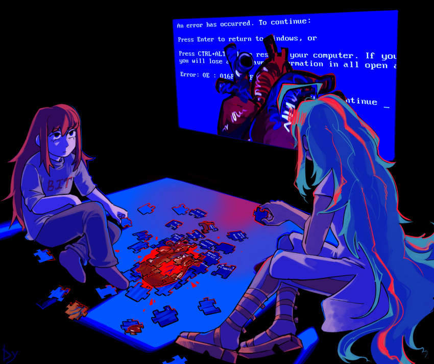 ahoge, blue_screen_of_death, brown_hair, dragonymango, evangeline_morgan, green_hair, heart_(organ), highres