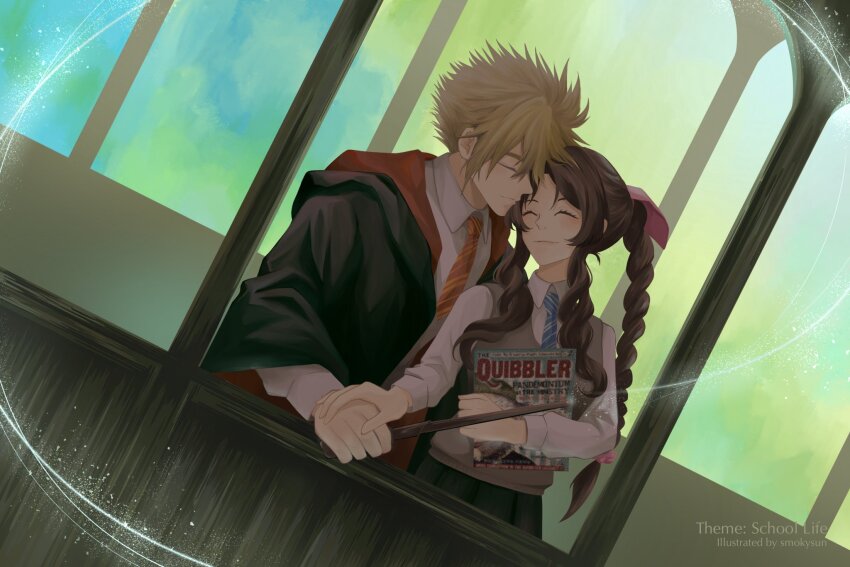 1boy, 1girl, aerith_gainsborough, alternate_costume, alternate_universe, black_robe, blonde_hair, blue_necktie