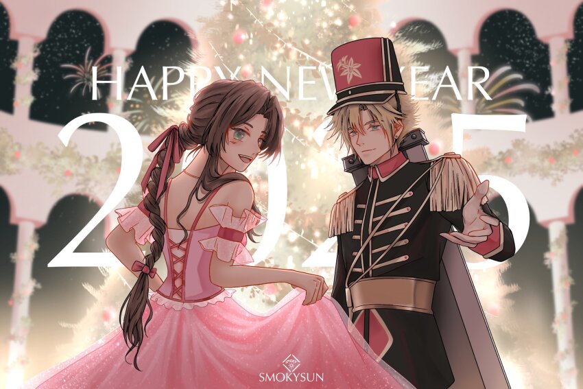 1boy, 1girl, 2025, aerith_gainsborough, alternate_costume, artist_name, bare_shoulders, black_jacket, blonde_hair, blue_eyes, braid, braided_ponytail, brown_hair, christmas_tree, closed_mouth, cloud_strife, cosplay, detached_sleeves, dress, epaulettes, final_fantasy, final_fantasy_vii, gold_trim, green_eyes, hair_between_eyes, happy_new_year, hat, highres, jacket, long_dress, long_hair, military_hat, military_uniform, new_year, open_mouth, parted_bangs, pink_dress, short_hair, sidelocks, single_braid, smile, smokysun, sugar_plum_fairy, the_nutcracker_(character), the_nutcracker_(character)_(cosplay)