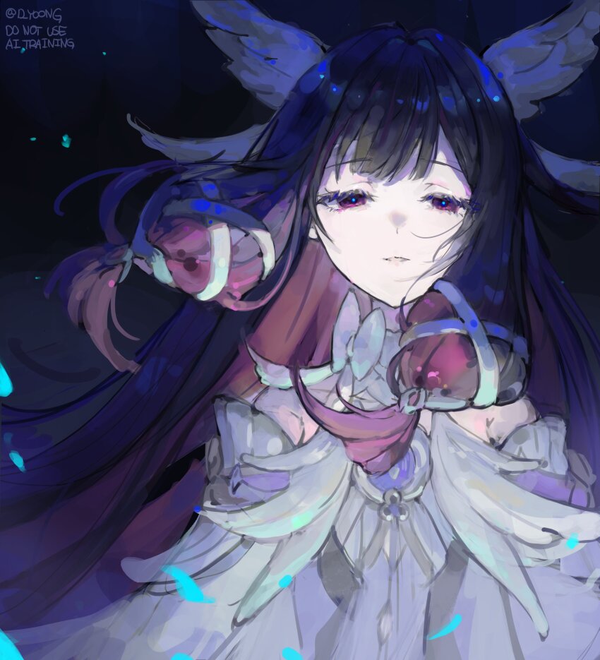 1girl, absurdres, artist_name, black_hair, columbina_(genshin_impact), d_yoong, dress, feathered_wings