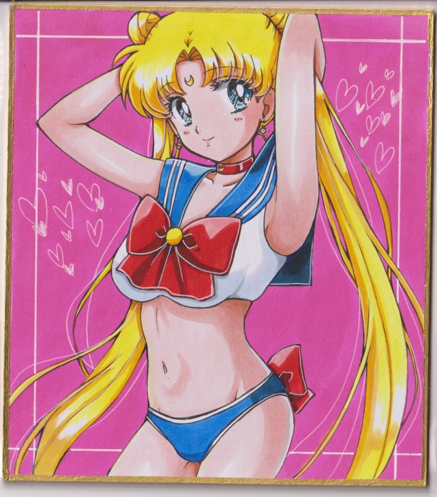 1girl, adapted_costume, armpits, arms_behind_head, back_bow, bishoujo_senshi_sailor_moon, blonde_hair, blue_eyes, blue_sailor_collar, bow, bowtie, bra, breasts, chikoto_(kztc4472), choker, cleavage, collarbone, crescent, crescent_earrings, crescent_facial_mark, earrings, facial_mark, highres, jewelry, long_hair, looking_at_viewer, midriff, navel, panties, photo_(medium), pink_background, red_bow, red_bowtie, red_choker, sailor_collar, sailor_moon, sailor_moon_narikiri_bra_set, sailor_senshi_uniform, smile, solo, traditional_media, transformation_brooch_(sailor_moon), tsukino_usagi, underwear, underwear_only, unofficial_sailor_senshi_uniform