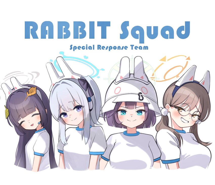 4girls, animal_ear_helmet, animal_helmet, black_hair, blue_archive, blue_eyes, breasts, brown_hair