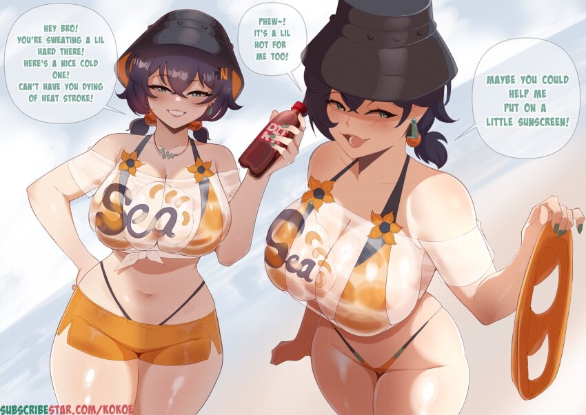 1girl, armpit_crease, bare_shoulders, belle_(summer_skies)_(zenless_zone_zero), belle_(zenless_zone_zero), bikini, bikini_under_clothes, black_hat