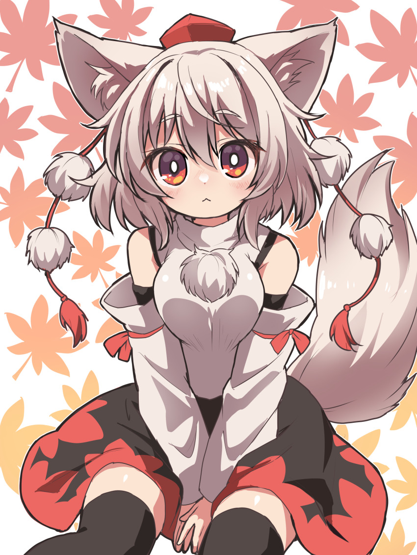 1girl, :<, absurdres, animal_ears, autumn_leaves, azumi_haruhito, bare_shoulders, black_thighhighs