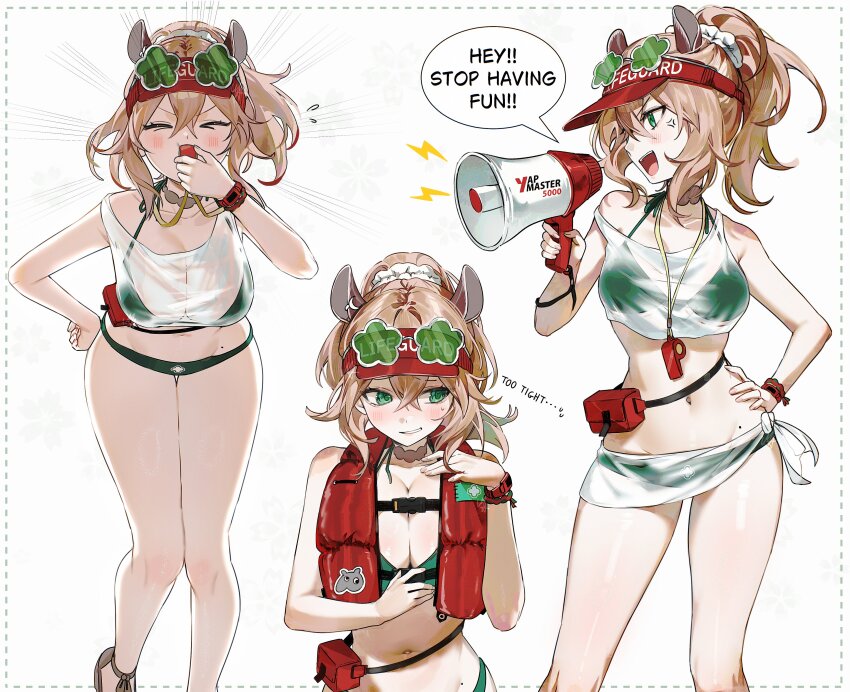 1girl, absurdres, anger_vein, ani_019, animal_ears, bikini, blonde_hair, blowing_whistle, breasts, cleavage, closed_eyes, crop_top, crossed_bangs, double-parted_bangs, english_text, eyewear_on_head, green-tinted_eyewear, green_bikini, green_eyes, hair_between_eyes, hair_ornament, hair_scrunchie, halterneck, hand_on_own_hip, hat, highres, holding, holding_megaphone, holding_whistle, indie_virtual_youtuber, large_breasts, life_vest, lifeguard, megaphone, multiple_views, navel, nimi_nightmare, nimi_nightmare_(lifeguard), official_alternate_costume, official_alternate_hairstyle, open_mouth, ponytail, red_hat, red_vest, sarong, scrunchie, see-through_clothes, see-through_sarong, see-through_tank_top, short_hair, simple_background, speech_bubble, stomach, strap_slip, sunglasses, swimsuit, tank_top, tapir_ears, tapir_girl, teeth, tinted_eyewear, upper_teeth_only, vest, virtual_youtuber, visor_cap, whistle, white_background, white_sarong, white_tank_top