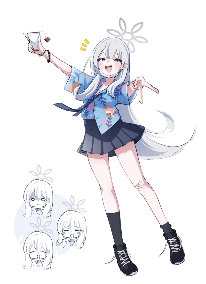 1girl, :d, bandaid, bandaid_on_knee, bandaid_on_leg, black_skirt, black_socks, blue_archive