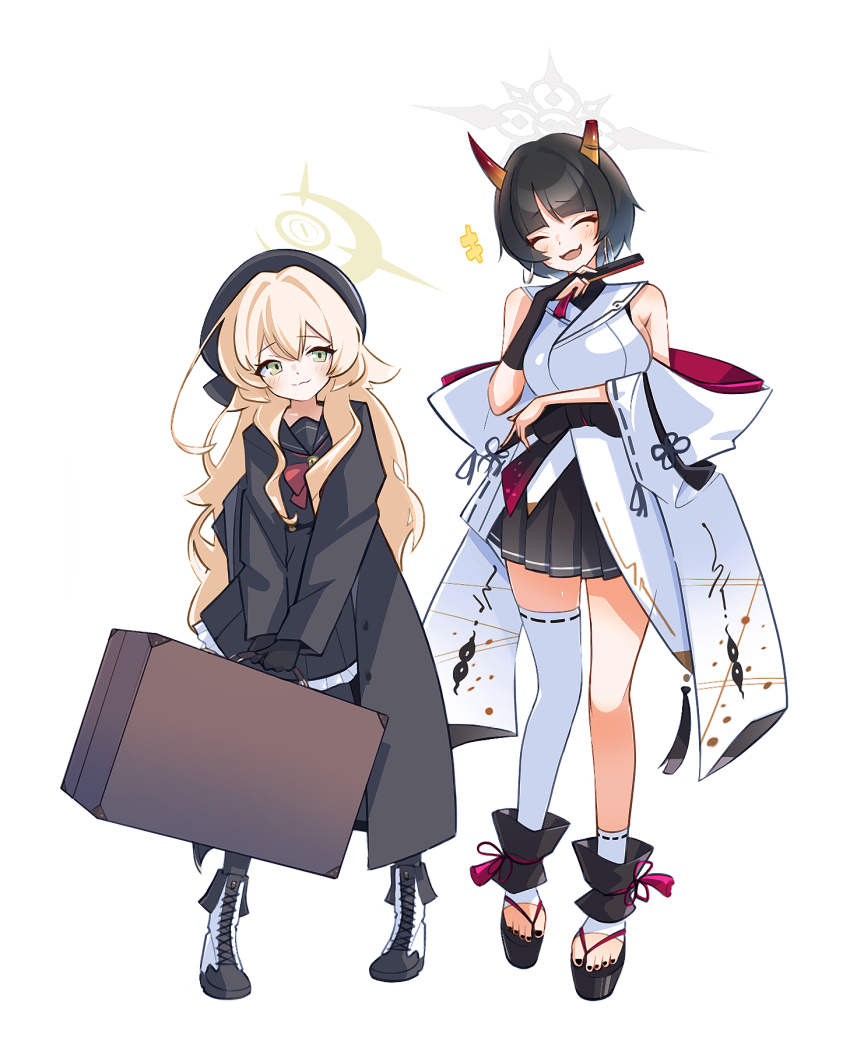 +++, 2girls, :3, armpit_crease, bare_shoulders, black_coat, black_hair, black_sailor_collar, black_shoes, blonde_hair, blue_archive, boots, breasts, briefcase, broken_horn, closed_eyes, coat, commentary_request, full_body, green_eyes, hand_fan, height_difference, highres, holding, holding_briefcase, holding_fan, horns, long_hair, long_sleeves, mole, mole_under_eye, multiple_girls, niya_(blue_archive), okobo, open_mouth, platform_sandals, pleated_skirt, professor_niyaniya_(blue_archive), racoon5, sailor_collar, sandals, shoes, skirt, smile