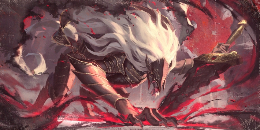 1boy, armor, armored_animal, black_armor, brush_stroke, commentary, covered_eyes, elden_ring