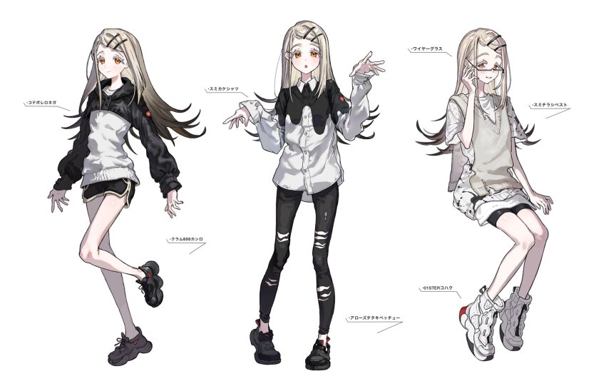 1girl, black_jacket, black_pants, black_shorts, blonde_hair, buttons, collared_shirt, colored_eyelashes