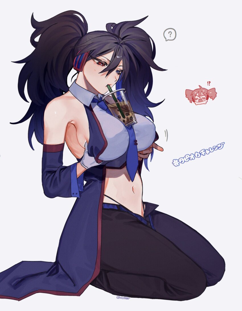 2girls, ?, ahoge, bikini, bikini_under_clothes, black_bikini, black_pants, blue_eyes