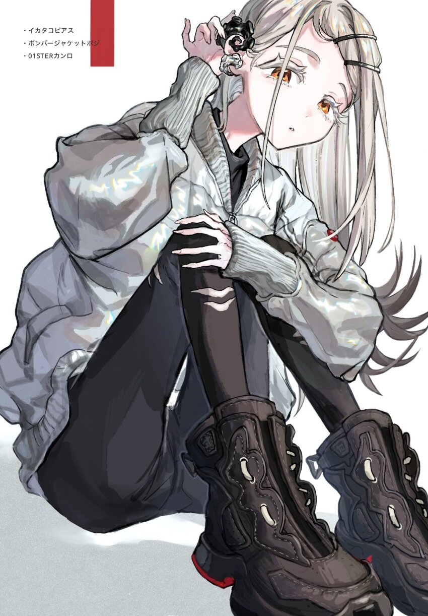 1girl, black_pants, blonde_hair, brown_eyes, colored_eyelashes, colored_tips, down_jacket, earrings