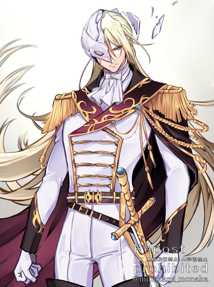1boy, ascot, belt, blonde_hair, clenched_hand, commentary_request, cracked_mask, epaulettes