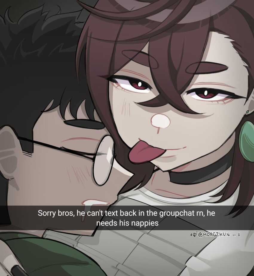 1boy, 1girl, ayase_momo, black_choker, brown_eyes, brown_hair, choker, dandadan, earrings, glasses, hair_between_eyes, highres, jewelry, looking_at_viewer, morgzkun, round_eyewear, short_hair, skirt, sleeping, takakura_ken_(dandadan), tongue, tongue_out