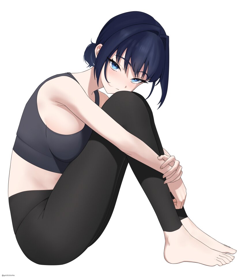 1girl, absurdres, barefoot, black_hair, black_pants, black_sports_bra, blue_eyes, feet