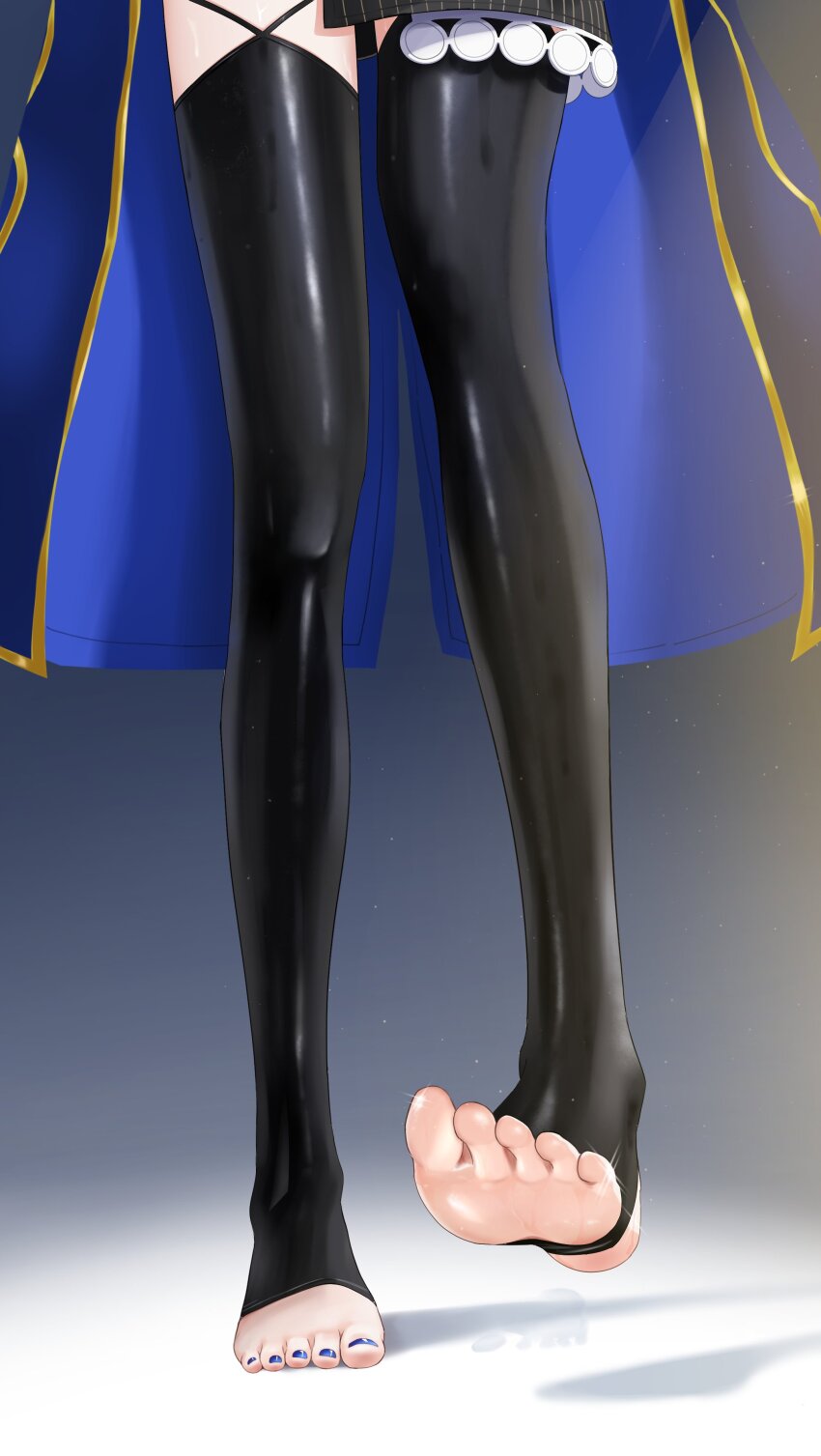 1girl, absurdres, black_skirt, black_thighhighs, blue_cape, blue_nails, cape, feet