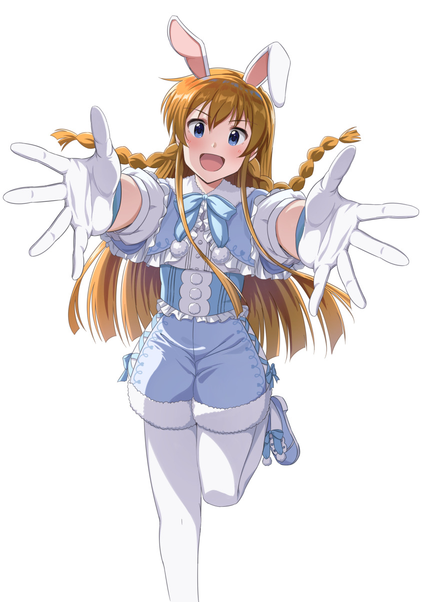 1girl, :d, absurdres, animal_ears, blue_bow, blue_bowtie, blue_capelet, blue_corset, blue_eyes, blue_shoes, blue_shorts, blush, bow, bowtie, braid, brown_hair, capelet, commentary_request, corset, covered_groin, cross-laced_clothes, cross-laced_shorts, floating_hair, foot_out_of_frame, footwear_bow, foreshortening, frilled_capelet, frilled_shirt, frills, fur-trimmed_capelet, fur-trimmed_shorts, fur_trim, gloves, hair_between_eyes, head_tilt, highres, idolmaster, idolmaster_million_live!, idolmaster_million_live!_theater_days, kousaka_umi, leg_up, long_hair, looking_at_viewer, official_alternate_costume, open_mouth, outstretched_arms, pantyhose, pom_pom_(clothes), pyonpyon_rabbit_(idolmaster), rabbit_ears, reaching, reaching_towards_viewer, shirt, shoes, shorts, sidelocks, simple_background, one_ear_down, smile, solo, standing, standing_on_one_leg, straight-on, takatsuki_p, three-quarter_sleeves, twin_braids, v-shaped_eyebrows, white_background, white_gloves, white_pantyhose, white_shirt