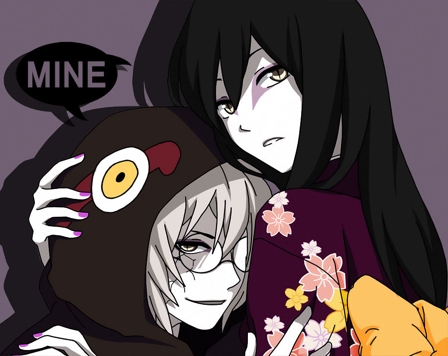 alternate_costume, alternate_hairstyle, artemis-girl, black_hair, cloak, english_text, eyeliner, flower_print