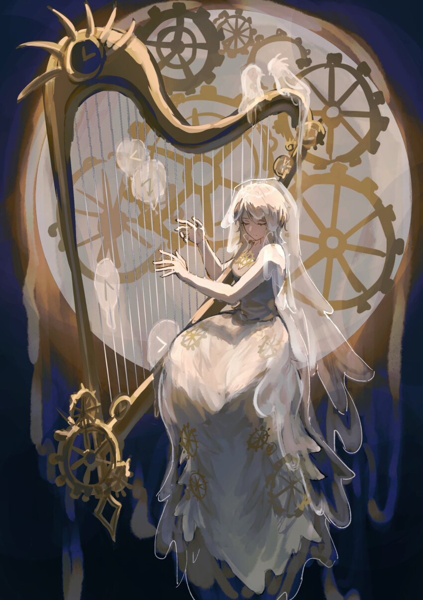1girl, blonde_hair, closed_eyes, dress, everlasting_(e.g.o), faust_(project_moon), gears, harp