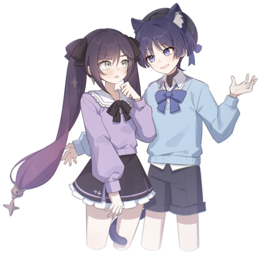 1boy, 1girl, absurdres, alternate_costume, animal_ear_fluff, animal_ears, aqua_eyes, baegbalbaegjung