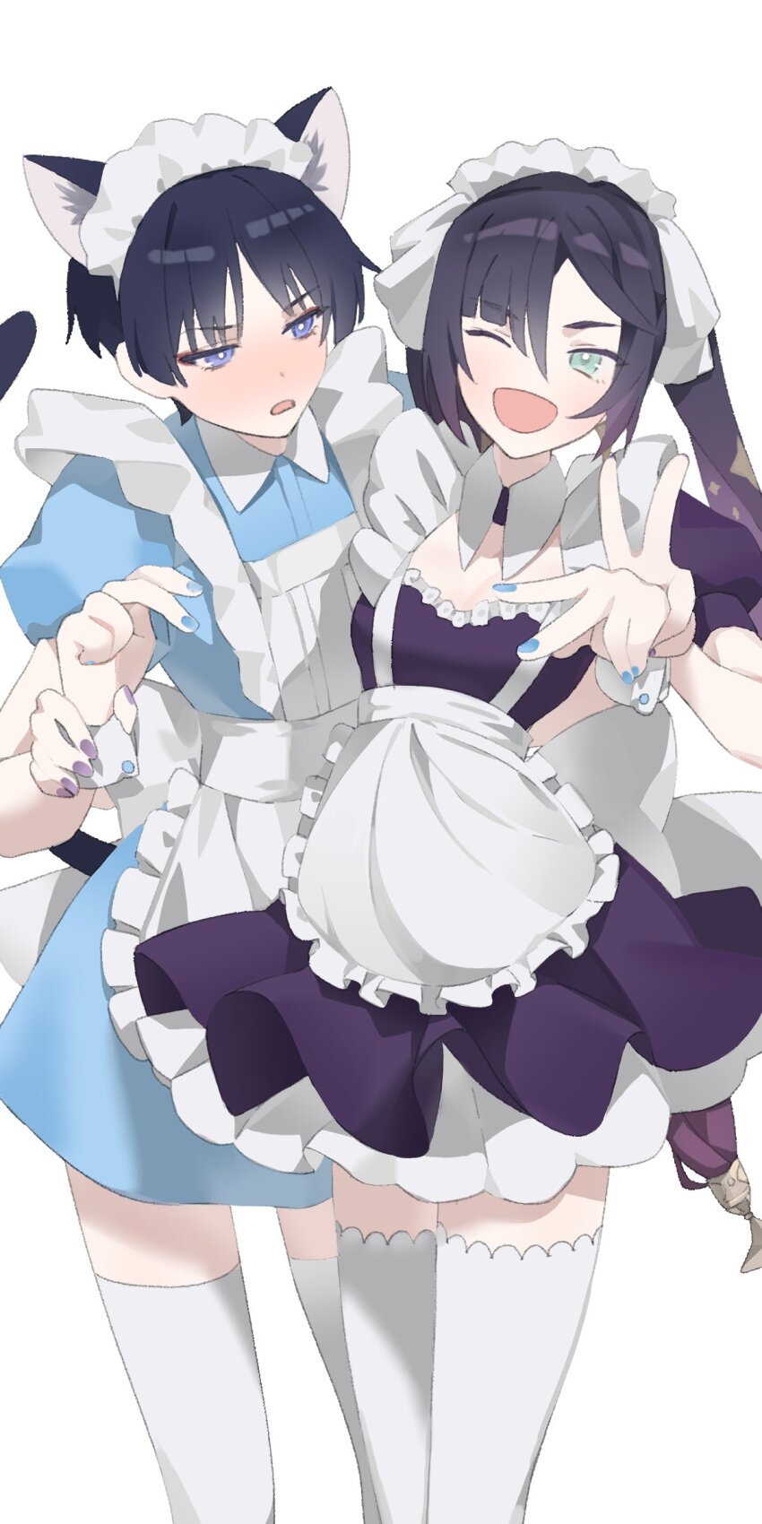 1boy, 1girl, absurdres, alternate_costume, animal_ears, apron, aqua_eyes, black_hair