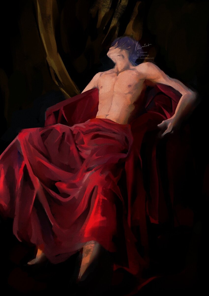 1boy, abs, arms_at_sides, bare_shoulders, black_background, blunt_ends, chair, closed_mouth, facing_to_the_side, genshin_impact, head_tilt, highres, ichomint, instagram_username, male_focus, navel, nipples, painterly, pectorals, purple_hair, red_toga, scaramouche_(genshin_impact), shoulder_blades, sitting, solo, toga, toned, toned_male, topless_female, twitter_username, watermark