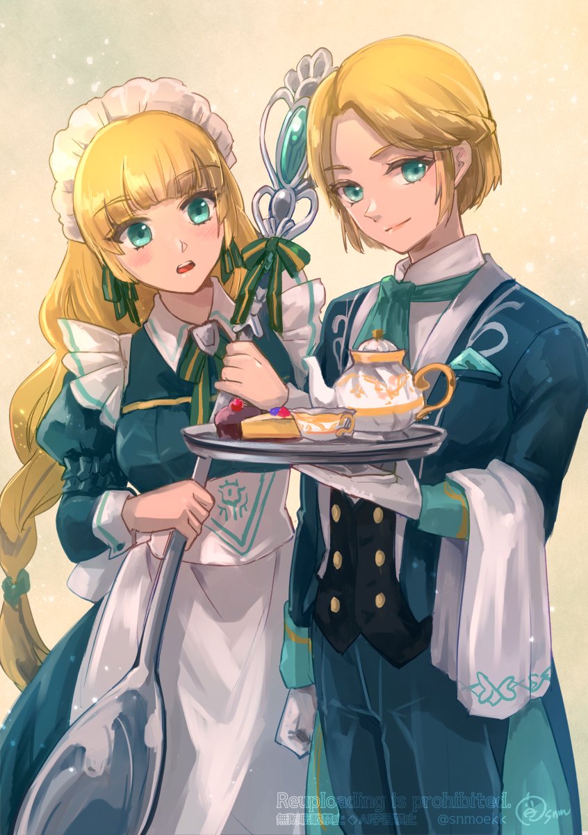 2girls, alternate_costume, apron, ascot, blonde_hair, blue_dress, blue_suit, blush