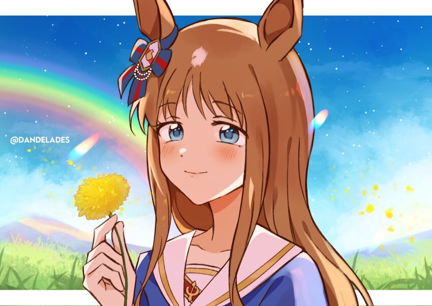 1girl, artist_name, blue_eyes, blue_shirt, blue_sky, blush, brown_hair, closed_mouth, commentary, des_(desoowee), ear_ornament, english_commentary, flower, grass, grass_wonder_(umamusume), highres, holding, holding_flower, long_hair, looking_at_viewer, mountain, outdoors, rainbow, sailor_collar, shirt, sky, solo, twitter_username, umamusume, white_sailor_collar, yellow_flower