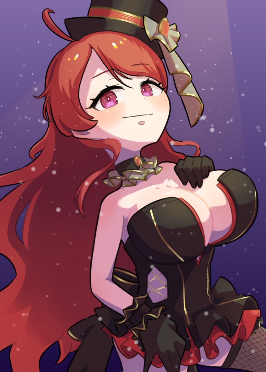 1girl, a(m+n), ahoge, bare_shoulders, breasts, cleavage, collar, dress