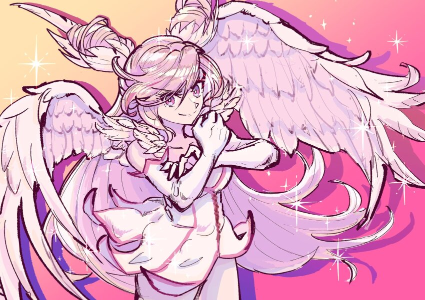 1girl, asobe_iroha, collarbone, dress, drill_hair, feather_hair_ornament, feathered_wings, gloves