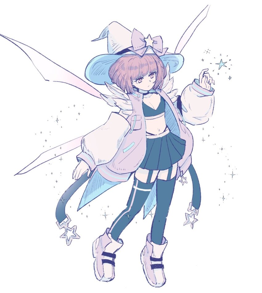 1girl, belt, bow, breasts, detached_sleeves, hat, higashiyama_akisa, highres, jacket, magical_girl, magicami, mejiri, miniskirt, navel, skirt, small_breasts, star_(symbol), thighhighs, wings, witch_hat