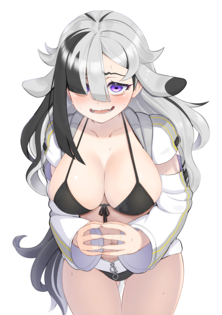 1girl, acedia_(magicami), animal_ears, black_hair, blush, breasts, collarbone, cow_ears
