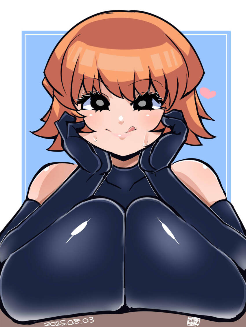 1girl, black_eyes, black_gloves, black_shirt, blue_background, blush, breasts, closed_mouth, commentary_request, cookie_(touhou), dated, elbow_gloves, fake_meguru_(cookie), gloves, hands_on_own_cheeks, hands_on_own_face, heart, highres, huge_breasts, itini-sanshi, looking_at_viewer, orange_hair, shirt, short_hair, sleeveless, sleeveless_shirt, smile, solo, upper_body
