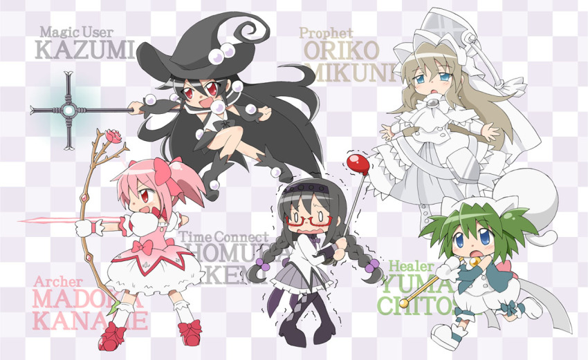 0_0, 10s, 5girls, akemi_homura, akemi_homura_(magical_girl), arrow_(projectile), black_hair, blue_eyes, bow_(weapon), braid, capelet, chitose_yuma, dress, flower, glasses, golf_club, green_hair, grey_hair, hair_ribbon, hairband, hat, kaname_madoka, kaname_madoka_(magical_girl), kazumi_(madoka_magica), long_hair, mahou_shoujo_kazumi_magica, mahou_shoujo_madoka_magica, mahou_shoujo_oriko_magica, mikuni_oriko, multiple_girls, pantyhose, pink_hair, red-framed_eyewear, red_eyes, ribbon, trembling, twin_braids, twintails, wavy_mouth, weapon, white_hair, witch_hat, yoshiwo_(kanikama)