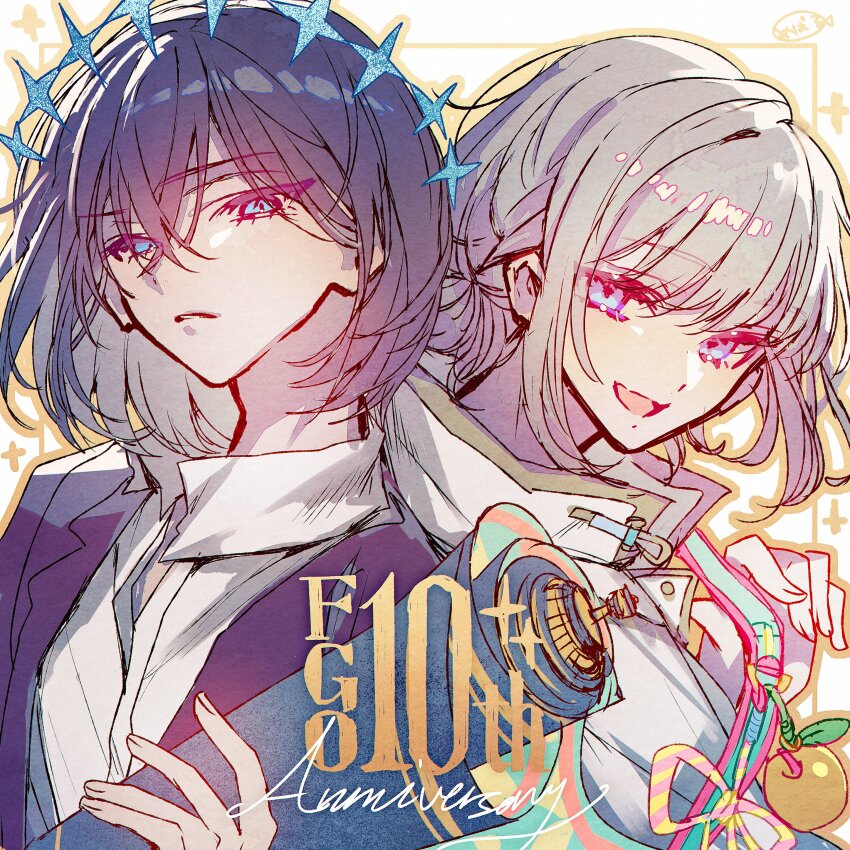 2boys, :d, absurdres, anniversary, apple, artist_name, black_hair, blazer, blue_eyes, charm_(object), collared_shirt, commentary_request, copyright_name, cursive, dual_persona, fate/grand_order, fate_(series), food, frown, fruit, golden_apple, grey_hair, highres, holding, holding_scroll, jacket, looking_at_viewer, male_focus, mebaru, multiple_boys, oberon_(fate), oberon_(celebratory_attire)_(fate), oberon_(over_the_same_sky)_(fate), open_mouth, purple_jacket, ribbon, scroll, shirt, signature, smile, striped_ribbon, white_jacket, white_shirt