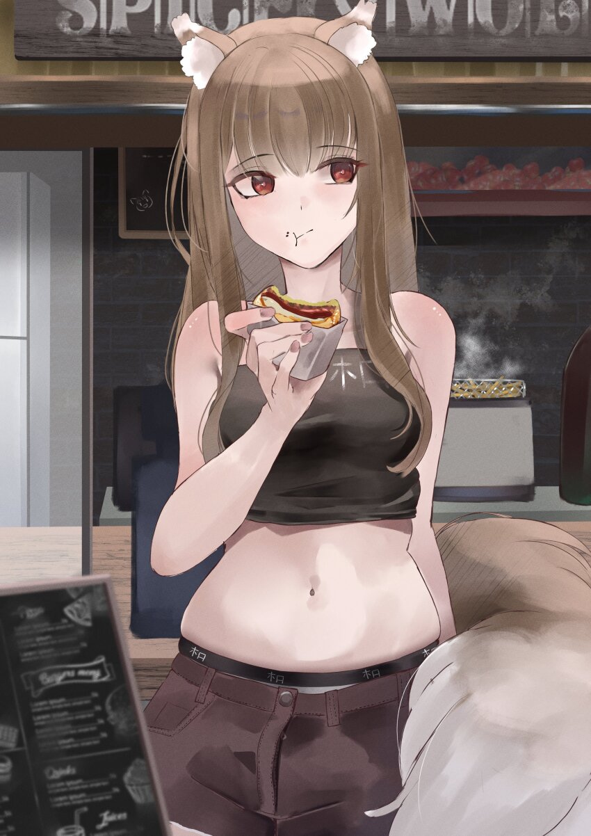 1girl, absurdres, alternate_costume, animal_ear_fluff, animal_ears, araca_ra, bare_shoulders, belly, black_tank_top, blush, brown_hair, brown_shorts, cowboy_shot, crop_top, eating, eyelashes, food, food_on_face, highres, holding, holo, long_hair, muffin_top, navel, outdoors, red_eyes, shadow, short_shorts, shorts, sidelocks, solo, spice_and_wolf, stomach, tail, tank_top, wolf_ears, wolf_girl, wolf_tail
