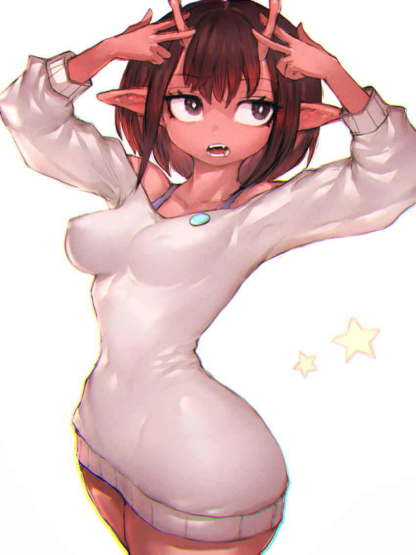 1girl, antennae, bare_shoulders, bra_strap, breasts, cleavage, colored_skin, covered_erect_nipples, dress, fumio_(rsqkr), highres, kujo_chiharu, long_sleeves, looking_at_viewer, medium_breasts, milky_galactic_universe, milky_highway, milky_☆_subway:_the_galactic_limited_express, narrow_waist, navel, open_mouth, pin, pointy_ears, red_skin, ribbed_sweater, short_hair, simple_background, solo, sweater, sweater_dress, thick_thighs, thighs, white_background, wide_hips