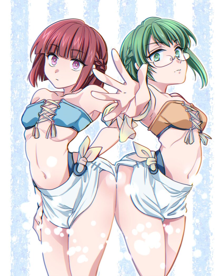 2girls, artist_request, ass, bob_cut, braid, breasts, brown_hair, collarbone