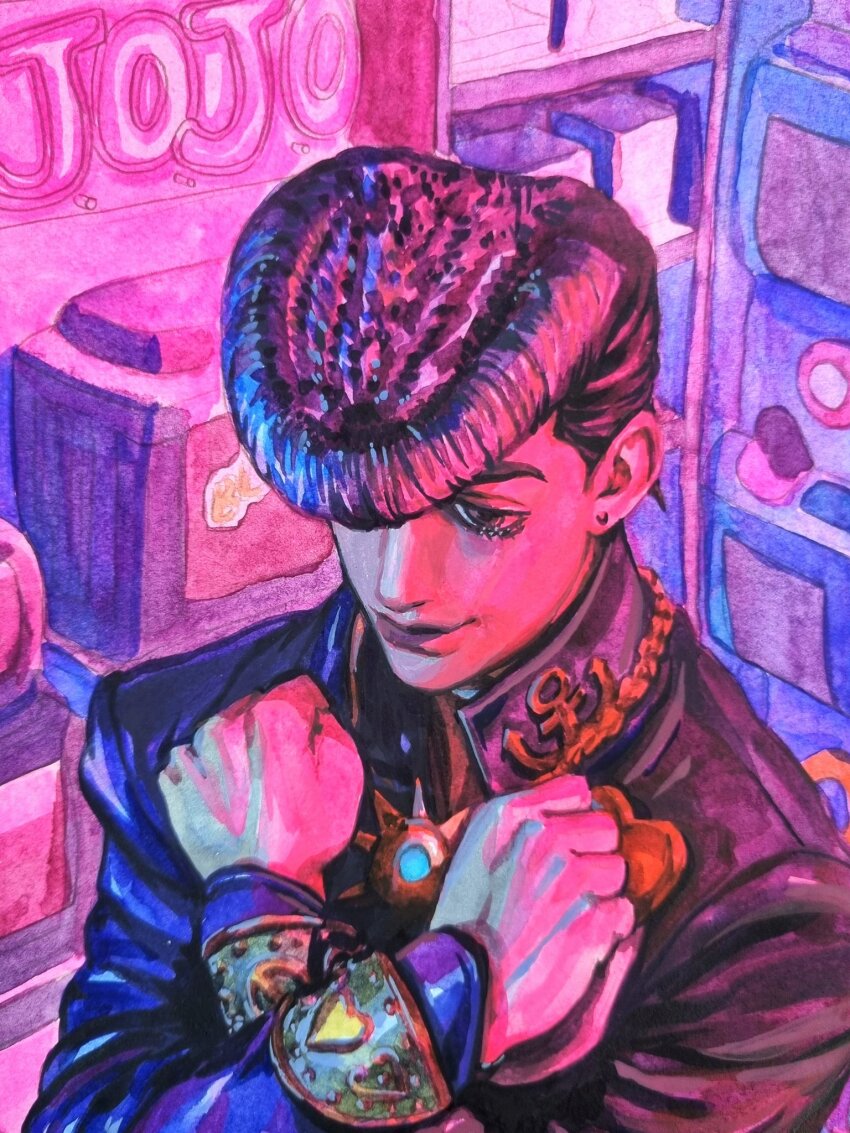 1boy, anchor_ornament, black_hair, black_jacket, closed_mouth, diamond_wa_kudakenai, gakuran, higashikata_josuke