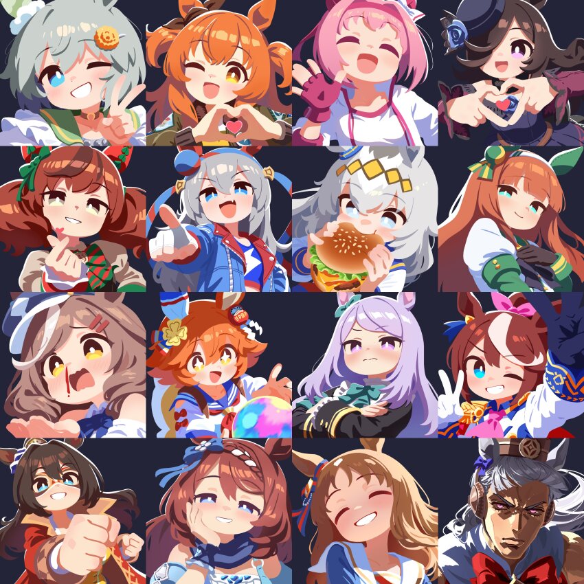 6+girls, absurdres, animal_ears, blood, brown_hair, burger, ear_covers, eating