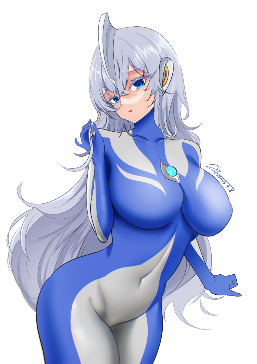 1girl, absurdres, blue_bodysuit, blue_eyes, blue_gloves, blue_hair, bodysuit, breasts