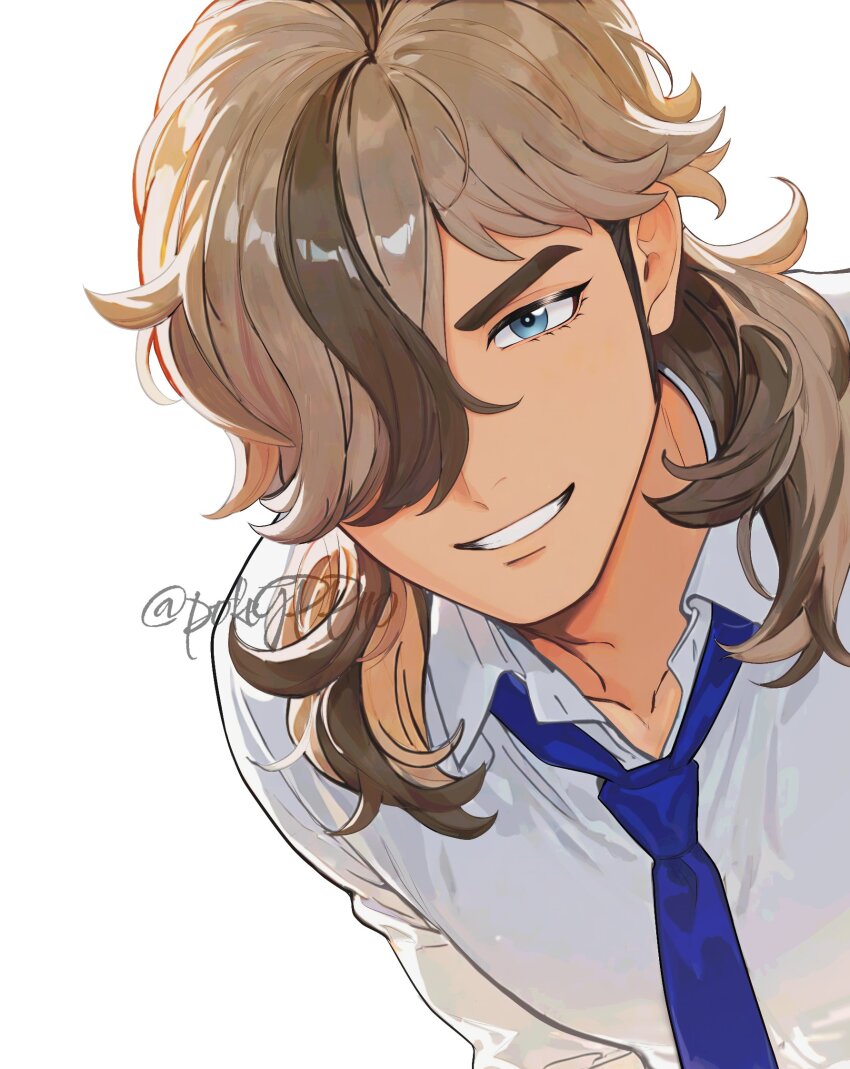 1boy, arven_(pokemon), blue_eyes, blue_necktie, collared_shirt, commentary_request, dutch_angle, eyelashes