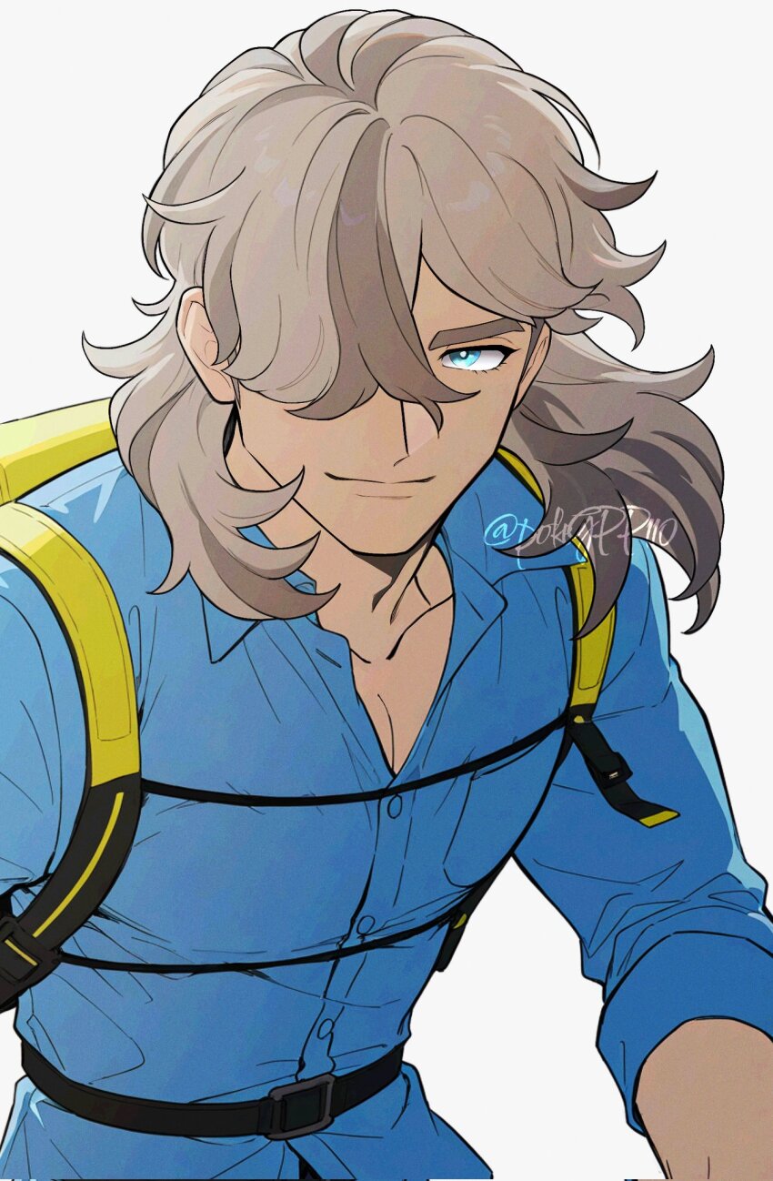 1boy, arven_(pokemon), backpack, bag, belt, belt_buckle, black_belt, blue_eyes