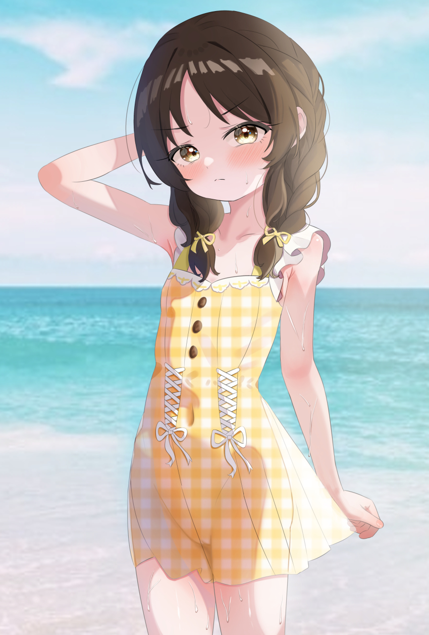1girl, absurdres, arm_behind_head, armpit_crease, armpits, beach, blush, braid