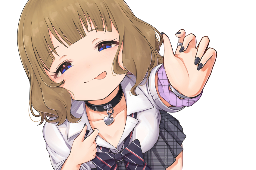1girl, :p, black_bow, black_bowtie, black_choker, black_nails, blue_eyes, blunt_bangs, blush, bow, bowtie, breasts, brown_hair, choker, cleavage, closed_mouth, collar, collarbone, concept_gyarus_(idolmaster), cowboy_shot, diagonal-striped_bow, diagonal-striped_bowtie, diagonal-striped_clothes, dot_nose, dutch_angle, eyelashes, grey_skirt, half-closed_eyes, heart, heart_choker, idolmaster, idolmaster_million_live!, idolmaster_million_live!_theater_days, kodoneri_(user_quk1118), looking_at_viewer, loose_bowtie, medium_breasts, official_alternate_costume, open_collar, pleated_skirt, purple_scrunchie, reaching, reaching_towards_viewer, school_uniform, scrunchie, seductive_smile, shirt, short_hair, sidelocks, silver_bangle, silver_ring, simple_background, skirt, sleeves_rolled_up, smile, solo, striped_bow, striped_bowtie, striped_clothes, suou_momoko, tongue, tongue_out, wavy_hair, white_background, white_collar, white_shirt