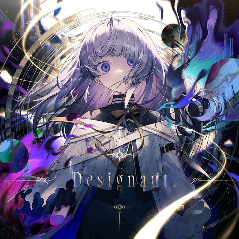 1girl, album_cover, album_name, arcaea, black_dress, blunt_bangs, cover, covered_mouth, cropped_jacket, dress, gold_bowtie, grey_hair, hair_over_mouth, insight_(arcaea), insight_(designant)_(arcaea), jacket, long_hair, long_sleeves, looking_at_viewer, loose_hair_strand, puffy_long_sleeves, puffy_sleeves, purple_eyes, solo, suzunashi, third-party_source, torn_clothes, torn_sleeves, turtleneck, turtleneck_dress, upper_body, white_jacket