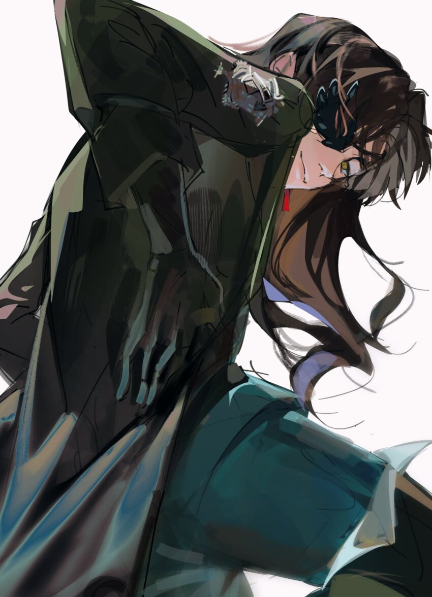 1girl, black_boots, black_coat, black_gloves, black_hair, black_ibis_(reverse:1999), blue_pants, boots